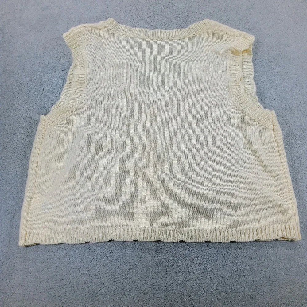 Womens Floral Embroidered Button Front Knit Vest Cream Medium Boho